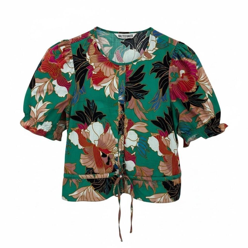Walter Baker Puff Sleeve Floral Print Top Size Large Green Cotton Women’s